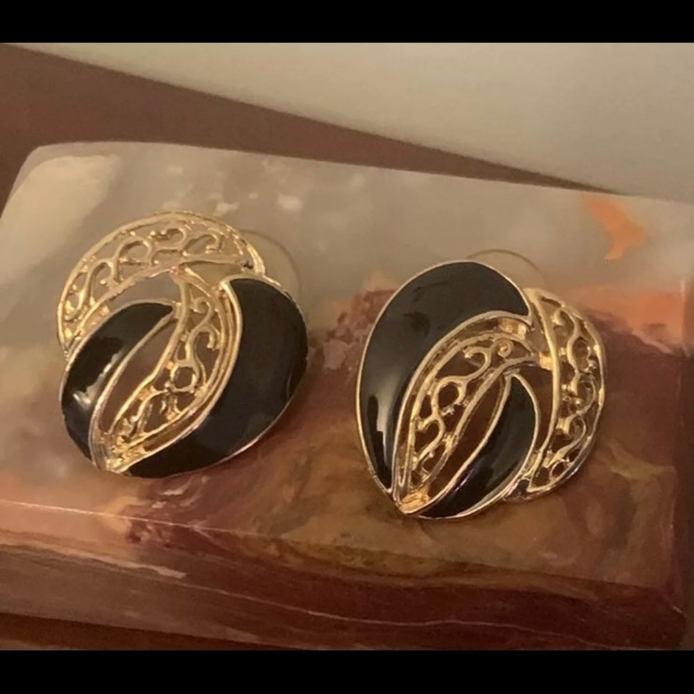 Gold Tone Black Enamel  Earrings